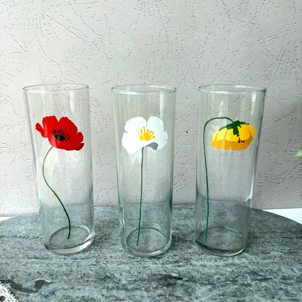 Vintage Poppy Floral Highball Glasses Set of 3 Red White Yellow Tall Tumblers